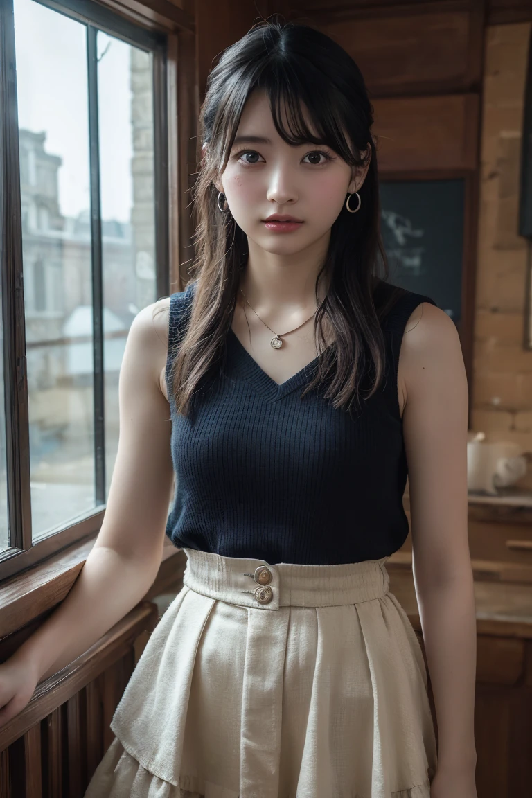 (Highest quality:1.4)，(masterpiece:1.4)，(Realistic:1.4)，(Realistic:1.2)，(超High resolution， RAW Photos:1.4)，(High resolution， Ultra-detailed:1.2)，(8k:1.2)，View your viewers，Cinematic photography，One person，skeletally correct，Black-haired woman，Woman in her early 20s，(Small earrings，necklace，２Tiered ruffle sleeveless，Long skirt)，（Western-style building interior，Dimly lit room，The lamplight shines on my cheeks）