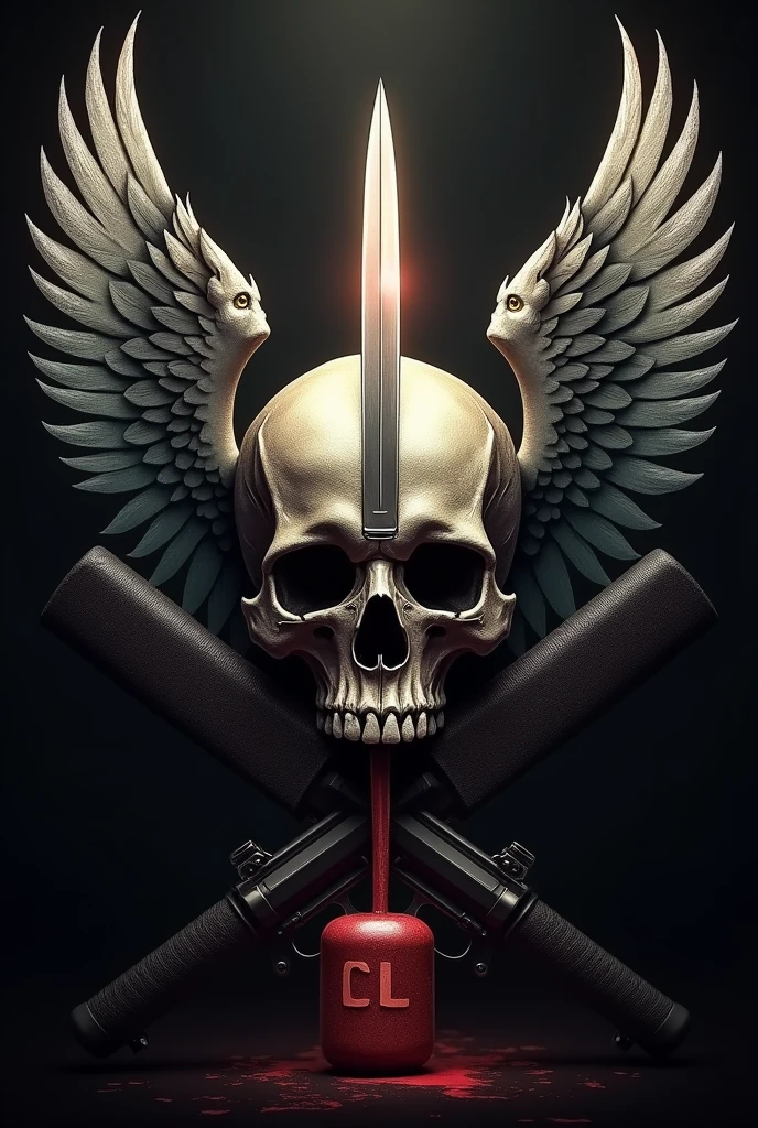Create a logo, whose main figure, it will be a skull, with a knife that pierces it from top to bottom. the right side, will have an angel's wing, on the left a demonic wing. In the back of the image, You will find a HK416 rifle and a HK417 rifle forming an X. Finally, In the front of the skull, You will see a C4 charge