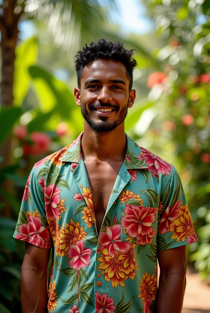 A Brazilian man in a lush tropical garden, wearing an open shirt with a floral print, with a close-up capturing the harmonious beauty between her breasts and the natural flowers, showing off your natural charm and outgoing personality.