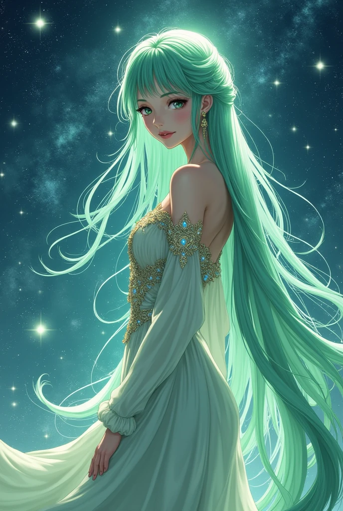 A Celestial Lobanil Goddess woman in anime with long green and beautiful hair, white skin and dark eyes