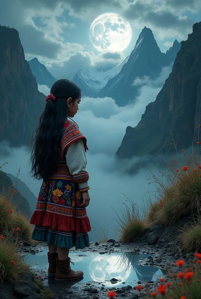 Peruvian girl looking at a puddle.on a dark fantasy style mountain