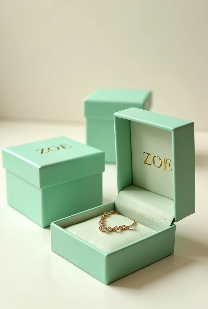 Create plain closed and open pistachio green pastel jewelry boxes with a chain inside featuring the name ZOE in a gold font.