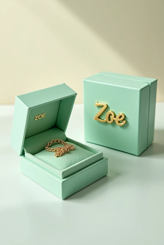 Create plain closed and open pistachio green pastel jewelry boxes with a chain inside featuring the name ZOE in a gold font.