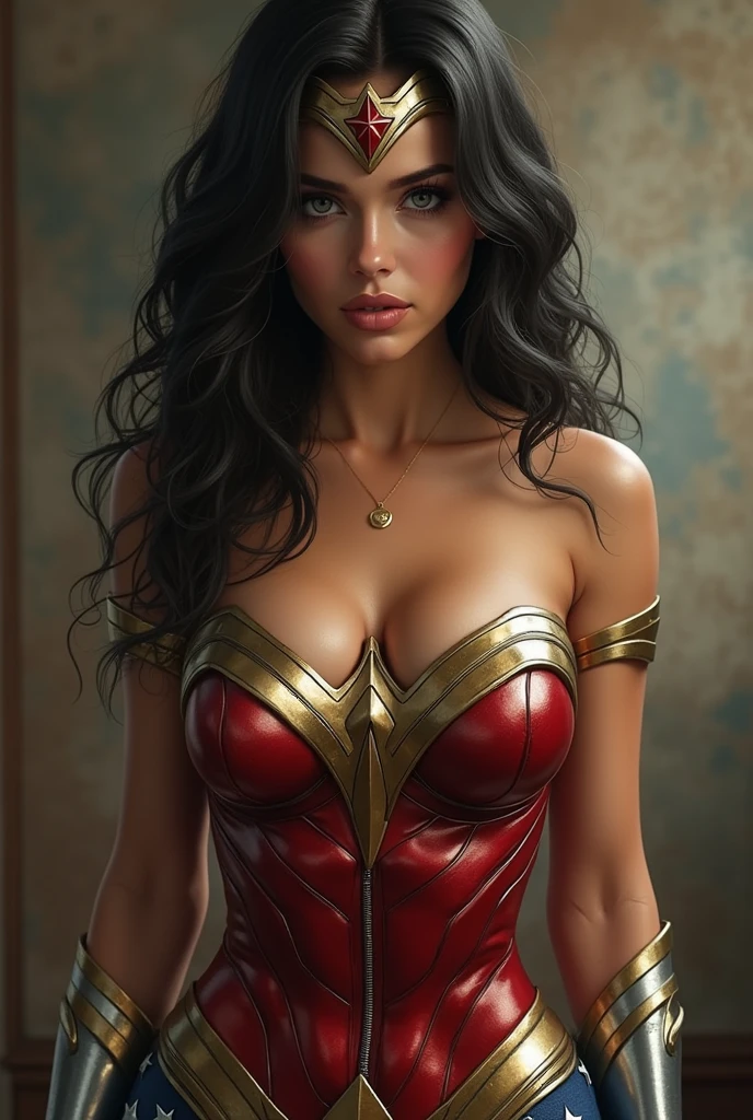 Wonder woman as a realistic human girl, (masterpiece), best quality, hyper-detailed, (((NSFW, erotic, full body shot, thick hips, round butt, perky nipples, big nipples, long nipples))), legs spread, dripping wet, high quality fingers, normal hands, detailed fingers,masterpiece, (realistic, photo-realistic:1.37), beautiful face, perfect illumination, beautiful detailed eyes,looking at viewer, stunningly beautiful woman, detailed hairstyle,detailed, (sweat:1), 