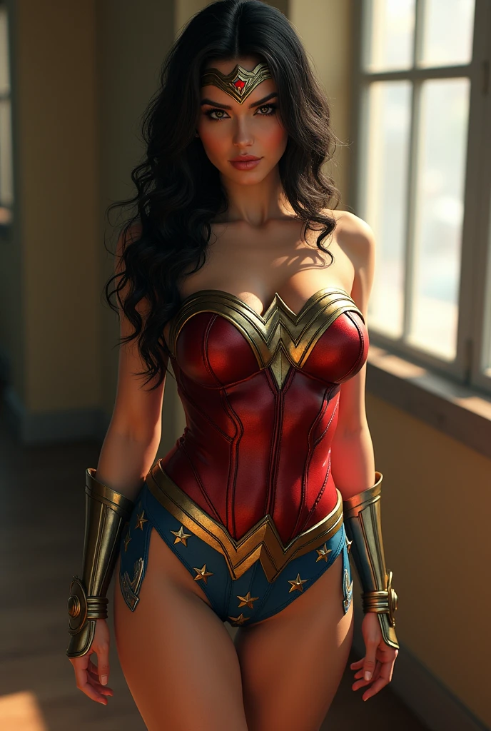 Wonder woman as a realistic human girl, (masterpiece), best quality, hyper-detailed, (((NSFW, erotic, full body shot, thick hips, round butt, perky nipples, big nipples, long nipples))), legs spread, dripping wet, high quality fingers, normal hands, detailed fingers,masterpiece, (realistic, photo-realistic:1.37), beautiful face, perfect illumination, beautiful detailed eyes,looking at viewer, stunningly beautiful woman, detailed hairstyle,detailed, (sweat:1),