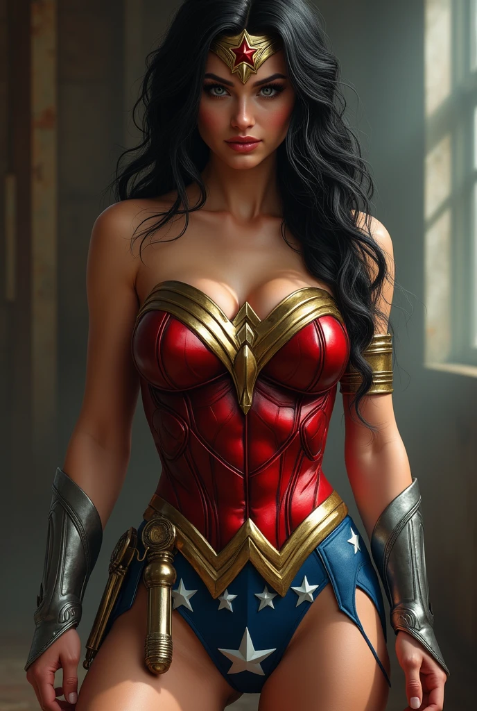 Wonder woman as a realistic human girl, (masterpiece), best quality, hyper-detailed, (((NSFW, erotic, full body shot, thick hips, round butt, perky nipples, big nipples, long nipples))), legs spread, dripping wet, high quality fingers, normal hands, detailed fingers,masterpiece, (realistic, photo-realistic:1.37), beautiful face, perfect illumination, beautiful detailed eyes,looking at viewer, stunningly beautiful woman, detailed hairstyle,detailed, (sweat:1),