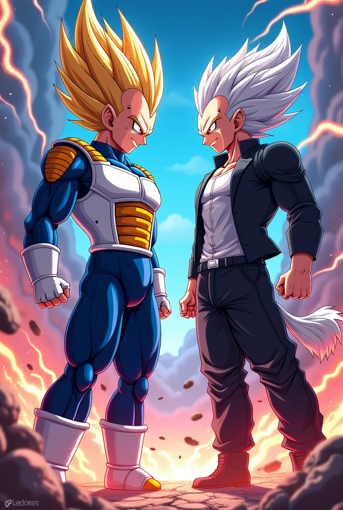 Vegeta's hair is spiked up into a point.. He wore a dark blue suit and over it the typical armor worn by Saiyans. Fighting a man with long straight white hair,Red eyes,camiseta blaca,knee-length black jacket,dark blue jeans by Jin,black boots and white monkey tail(anime style)