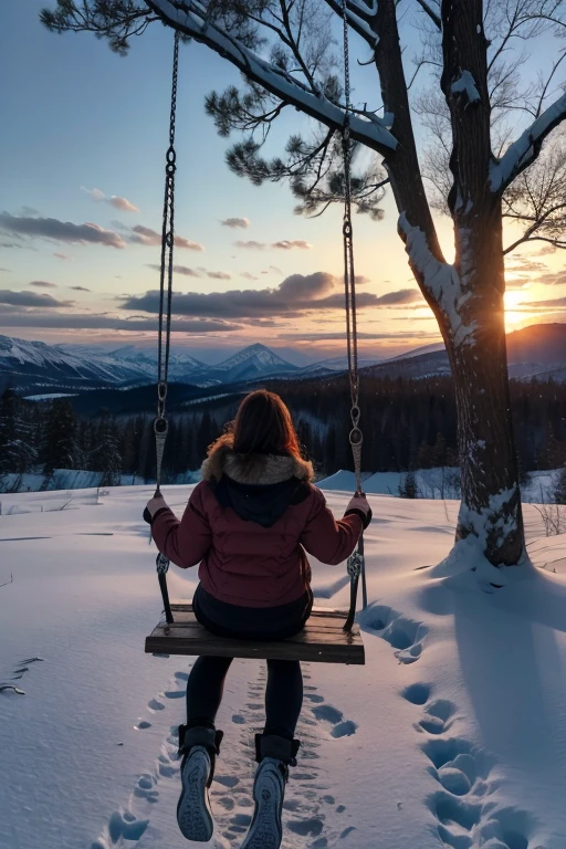a woman on a swing hanging from a tree watching the sunset in snowy mountains