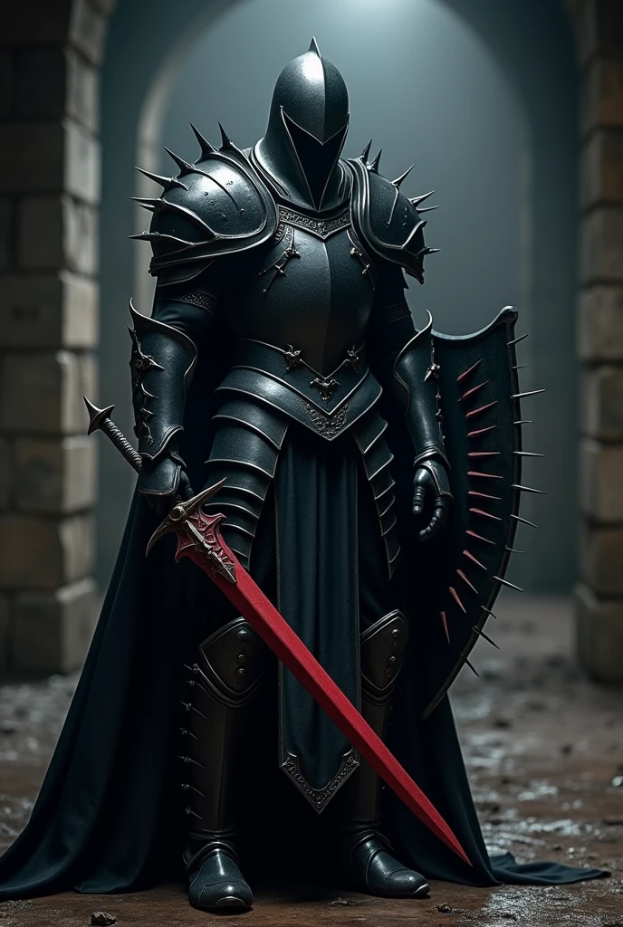 gentleman, black armor, delgado, Dark black helm, Thorns on his armor, black armor, many defensive thorns on his armor, sword with thorns, black shield with thorns, Many thorns on his armor, blood red sword, defensive pose, dark dungeon background.