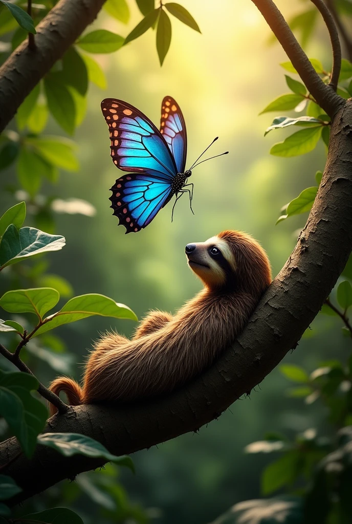 Morpho butterfly with a sloth together