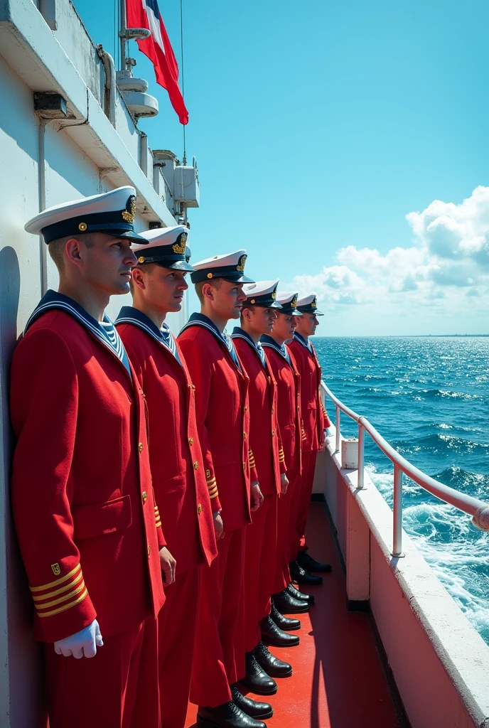 Complete red navy seamen in uniform with the sea in view. Very realistic.