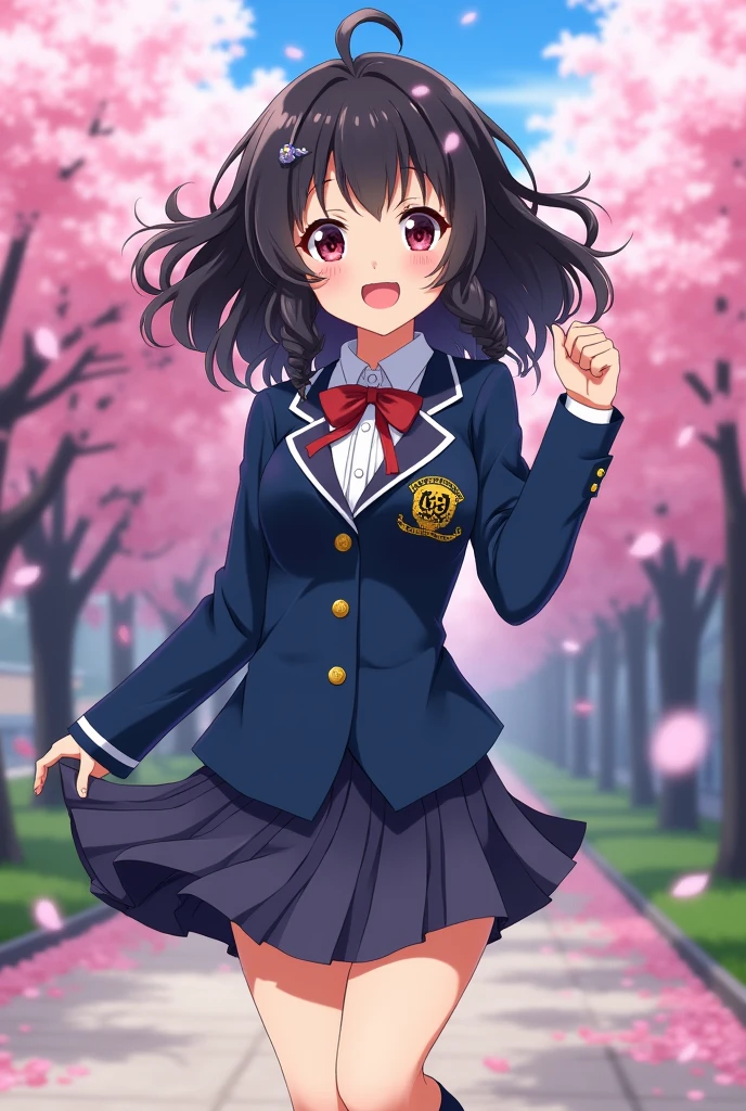 Girl with curly black hair wearing an anime school uniform