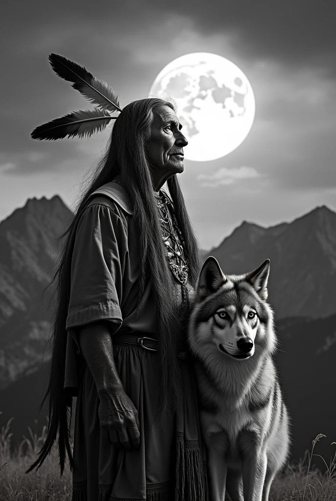 create a monochrome image in high deficiencies of an old Sioux Indian with some feathers in his hair, a wolf and mountains in the background, a full moon and some clouds in the sky, dramatic image, 4k, shaman