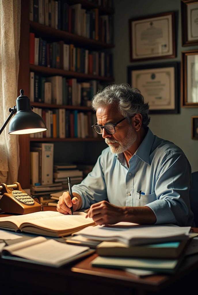 Researching Disease: Dr. Sudhir studying medical books and making phone calls at a small desk.