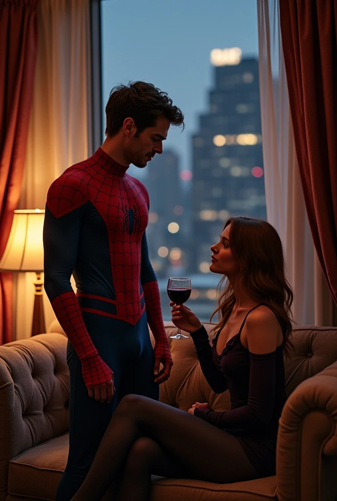 peter parker showing part of spiderman&#39;s outfit and mary jane drinking wine drawing