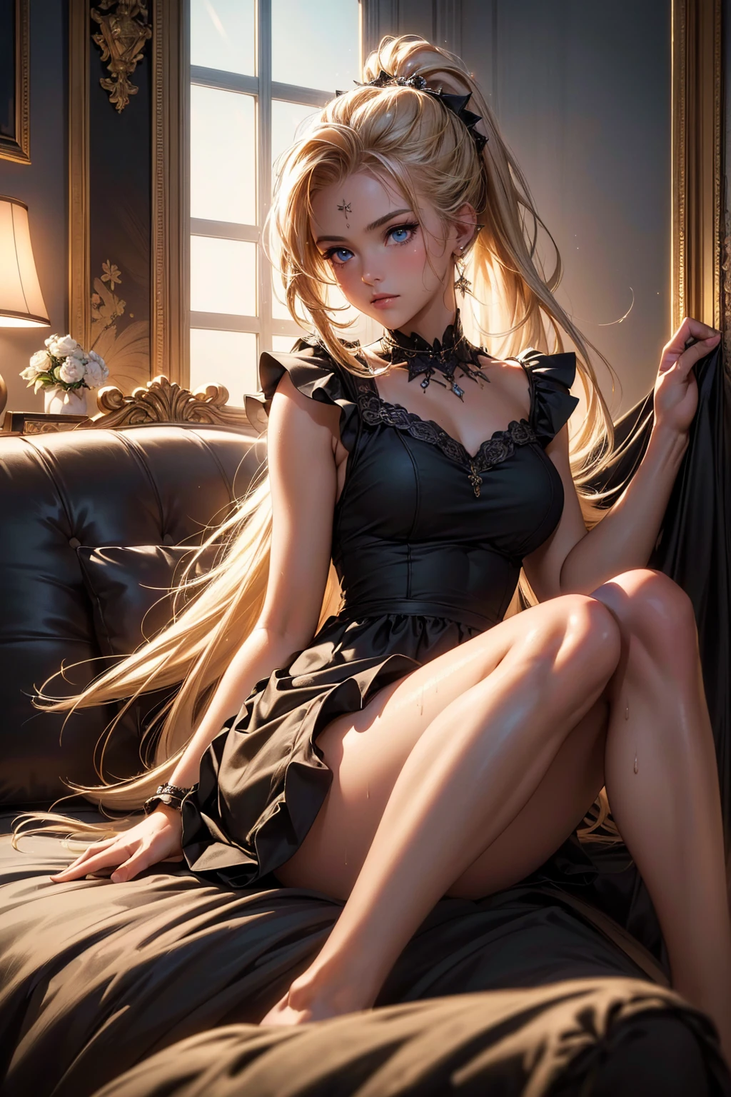 Girl,detailed background, atmospheric, hair floating in the wind,, golden blonde hair in ponytail, full body image, wearing a skimpy french maid outfit, reclining on the sofa face down, tanned skin, oily skin, wet hair, parts, blue eyes, gothic makeup, floating particles, retroiluminación masterpiece))), (((masterpiece))), ((top quality)), ((Best Quality)), ((of the highest quality)), ((maximum fidelity)), ((highest resolution)), ((High resolution)), ((higher detail)), ((Very detailed)), ((hyperdetailed)), (((Details improvement))), ((Deeply detailed)), imposing, Amazing, HD, HdR, FHD, 8k, 16k, 32K, k, meticulous, Intricate, intimate, nuanced, (((the most beautiful images that exist))), (((the most beautiful work of art in the world))), (raw photo, film grain), Caustics, subsurface dispersion, reflections, photorealistic, 35mm, , Natural skin texture, hyperrealism, sharp,
