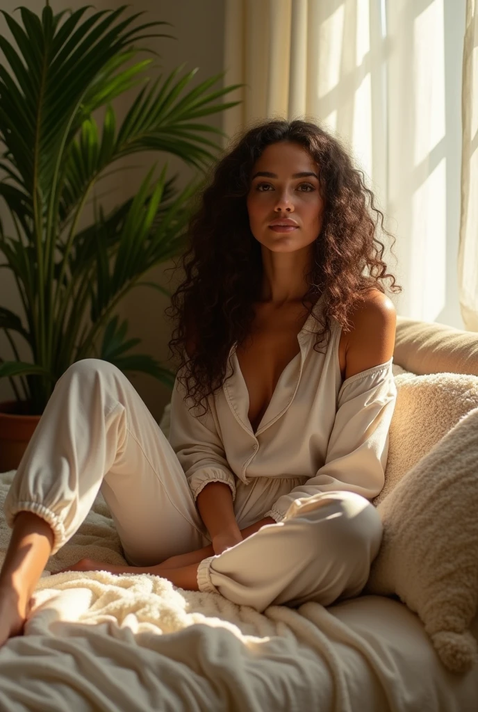 (photorealism:1.2), beautiful woman, sitting on bed, wearing loose off-shoulder top, pajama pants, long curly hair, indoors, soft lighting, plants in background, window with sunlight, cozy room, relaxed pose, realistic, intricate details, warm colors, by Greg Rutkowski, by Alphonse Mucha