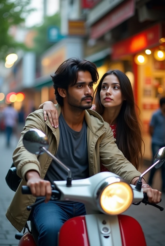 A 21 years old indian handsome boy with medium long hair and little muscular seating with his 20 years old beautiful and fair indian girlfriend and both are seating on scooter together . And they should not smile