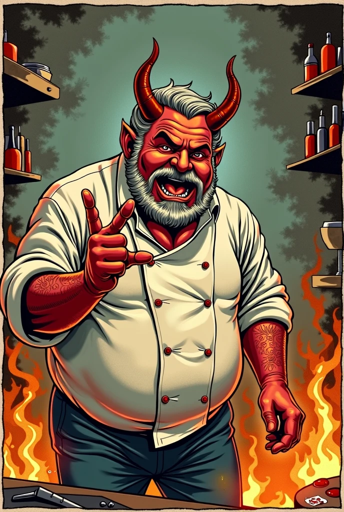 Tarot card The Devil, small horns, smaller, gray hair and beard, pot-bellied, standing in the middle, dressed as a chef with crossed arms and a piercing gaze, with a demonic laugh in a hotel kitchen on fire, comic vintage illustration 