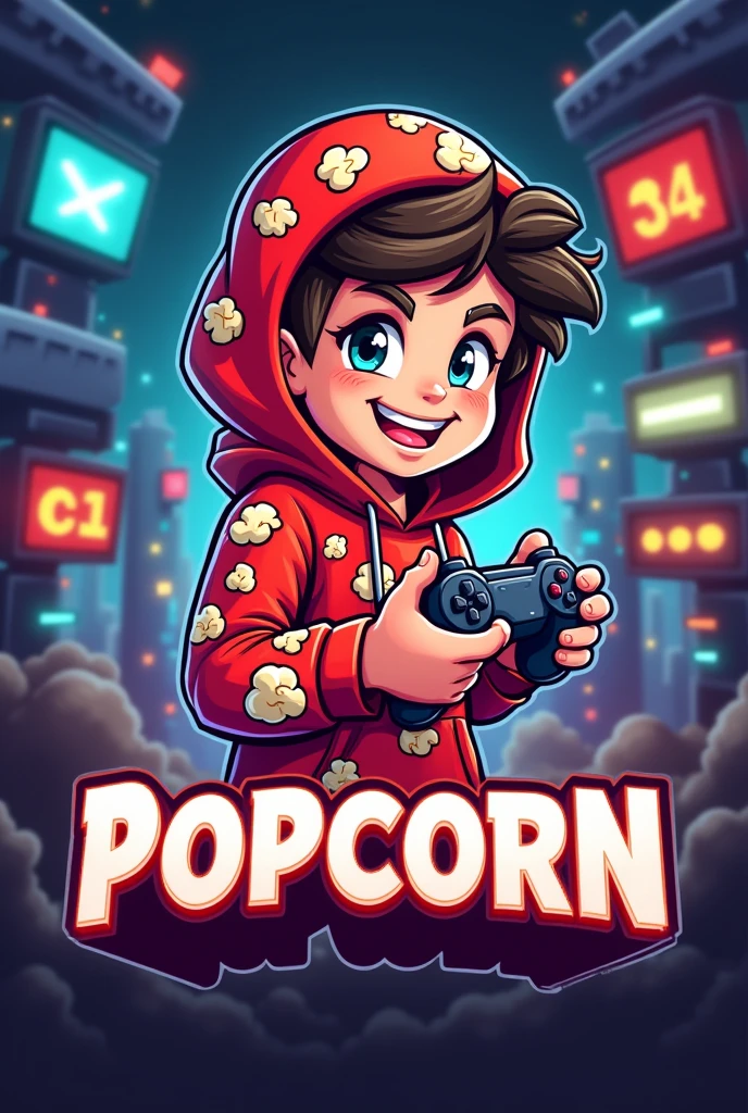 Create a mascot logo where the mascot is a gamer boy wearing a red and white hoodie with a popcorn design and underneath the letters of "popcorn"