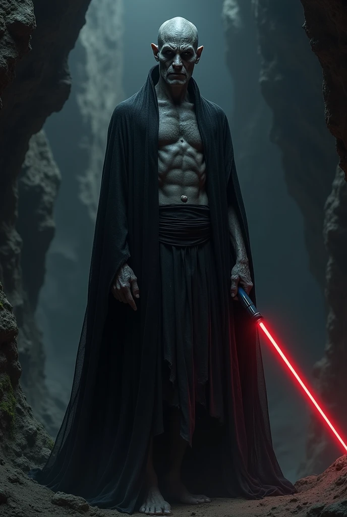 Person, Darth Nith from Star Wars, he has no nose in his face, has black eyes, grey old skin Full of scars, he is tall nur very thin, has a scary face full of scars, scary, wears a dirty black cape , has a dark red lightsaber with dark blue hilt, the background is a dark cave, ultra realistic