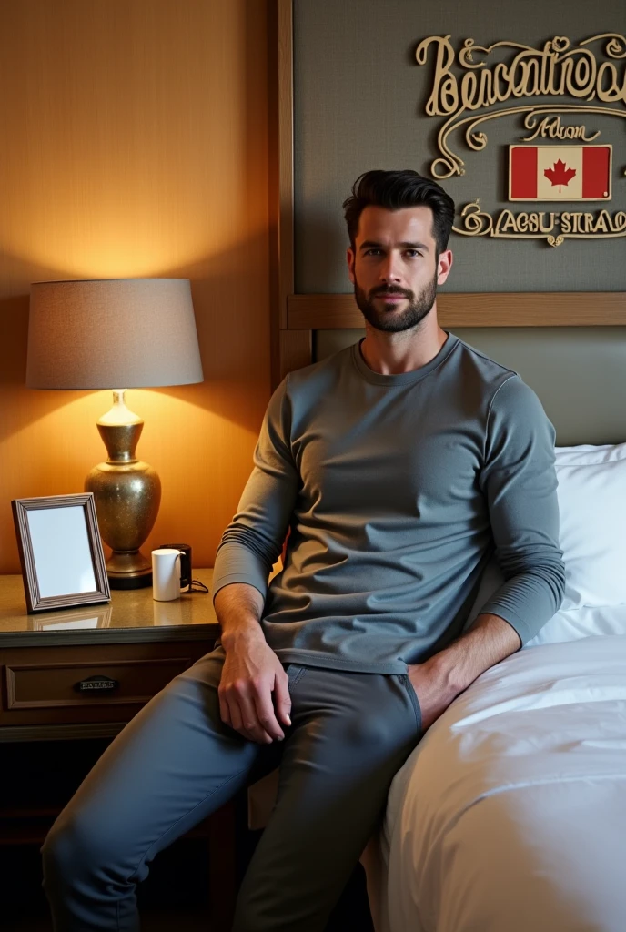 Homme caucasien grand de taille, charmant, un peu costaud, habillé en pantalon et tee-shirt manche longue, assis ou adossé sur une table dans une grande chambre d'hôtel et sur la table sur laquelle est assis ou adossé le charmant homme il faut qu'il y ait un papier mouchoir déjà utilisé sur la table et sur le lit de l'hôtel qu'il soit déposer un cadre photo grand ou moyen qu'il est possible de faire arrêter sur le lit et faire face à la caméra et sur le mur du chevet du lit un tableau sur lequel il est écrit en français : Bienvenue à Melbourne AUSTRALIE et autour de la phrase qu'il y ait les emblèmes du Canada Québec ou le drapeau du Canada Québec