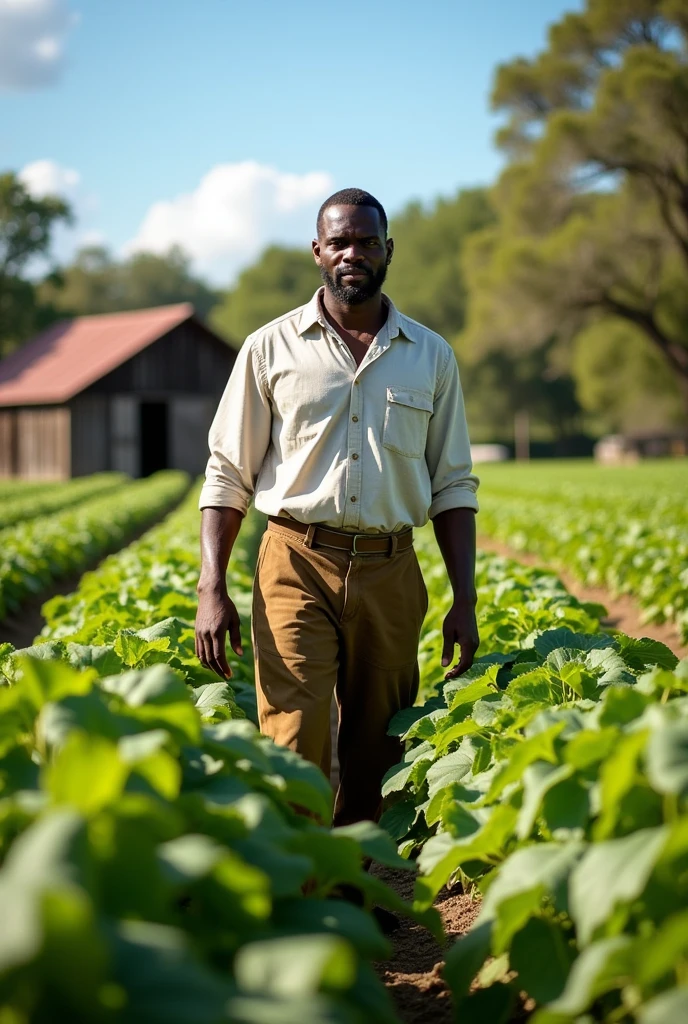 18th century black slave man with a straw cigarette in his mouth while weeding
