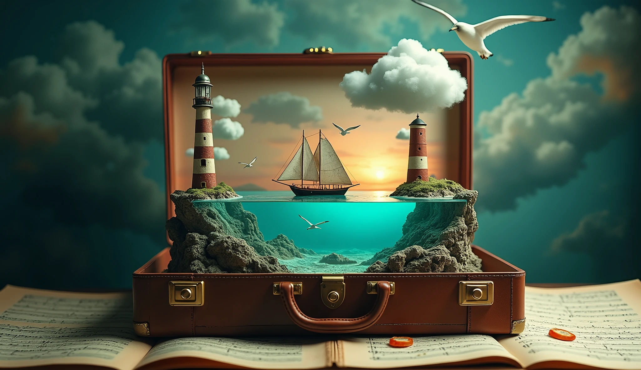 (Surreal photography:1.4) of a miniature seascape, with lighthouses and sailing ship, inside an open vintage suitcase, (underwater scene visible:1.3), dramatic clouds and seagulls, centered composition, on a table with sheet music, moody lighting, shot from a slight high angle, on a Canon EOS R5 with a 24-70mm f/2.8 lens at f/8, (high dynamic range:1.3), (teal and orange color grading:1.2), in the style of (Erik Johansson:1.4) and (Vladimir Kush:1.3)