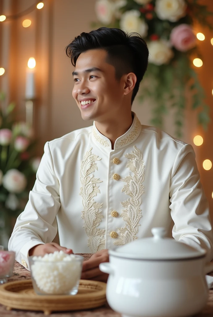 A real photo of a young Indonesian man wearing traditional Indonesian wedding attire all white. next to it is a white rice cooker. Indonesian wedding atmosphere. Ultra-realistic 8K photograph, shot with a Leica Q2, strong color contrast and sharp clarity --ar 9:16 --quality 2 --