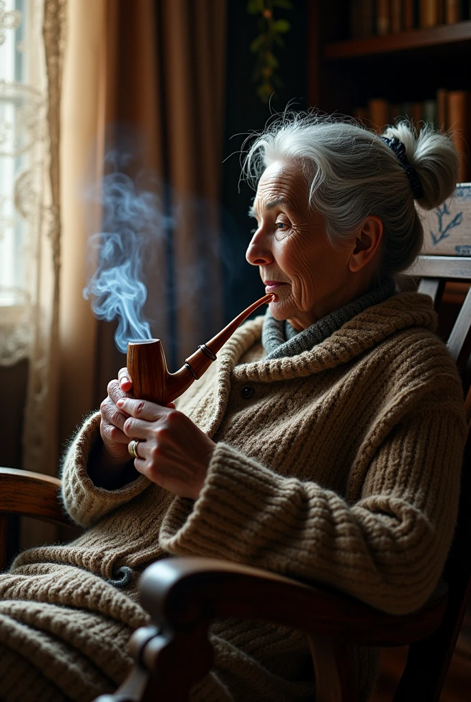 an old woman smoking a wooden pipe