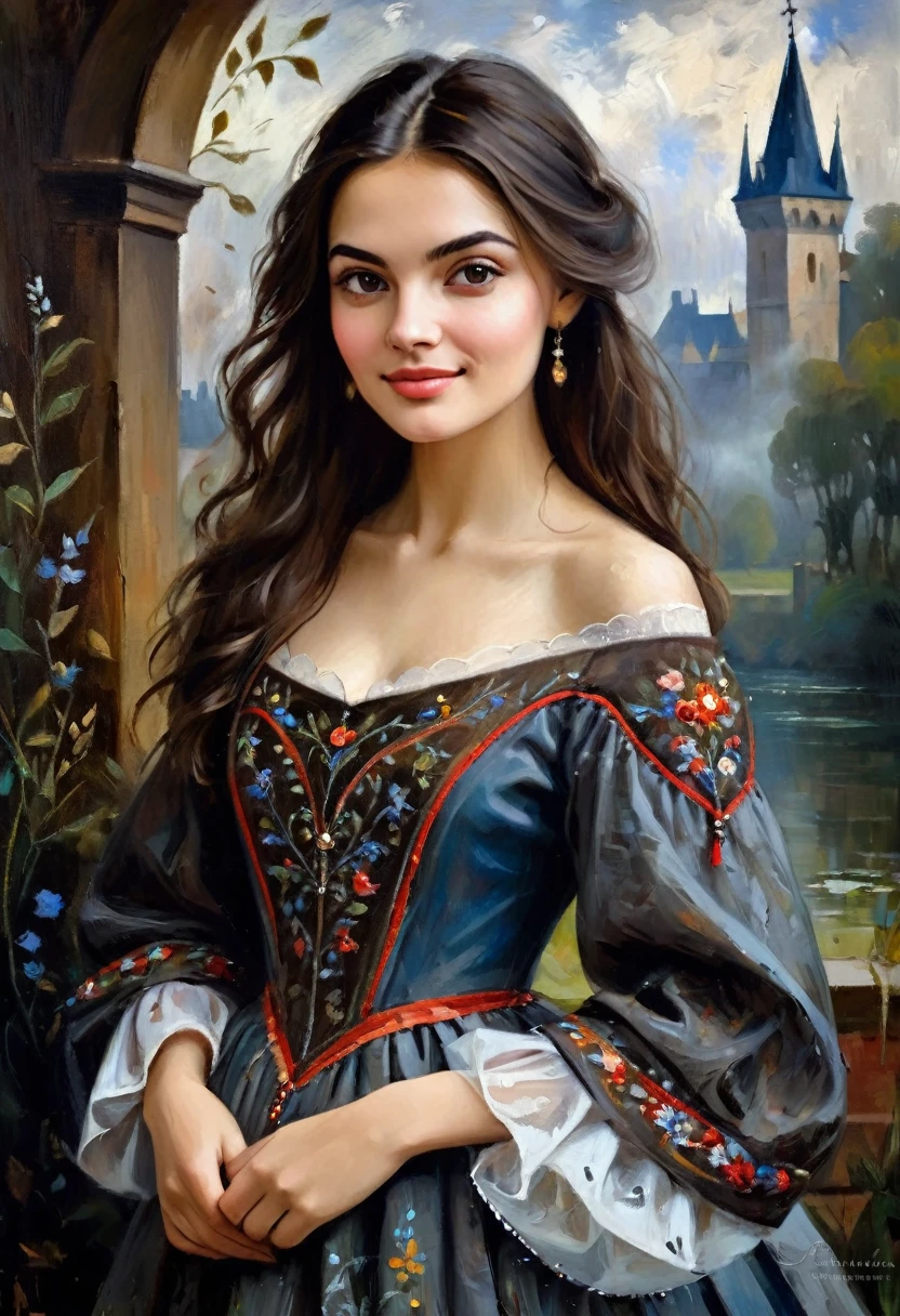 ((art Paulina Almira style)) very charming young brunette, a slight mysterious smile from the shoulder, a dress with embroidered patterns, 15 century,((Paulina Almira style)), The dark Renaissance, (fog, very scuffing), ((palette/oil painting palette knife)), ((masterpiece)), single shot, impression:1.2, extreme detail, perspective:1.33, 8k