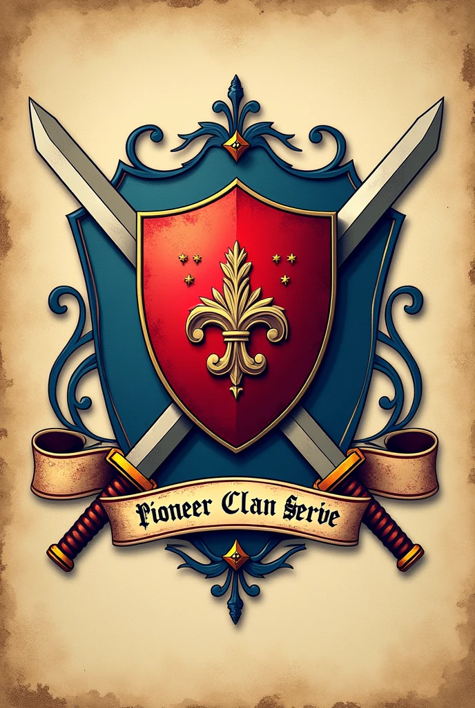 Red and blue coat of arms with swords behind the shield, written in Portuguese "Pioneer Clan Serve"