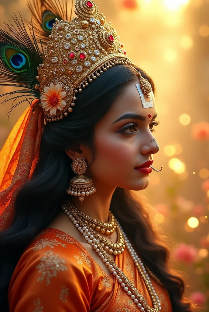 beautiful Indian goddess Devi Radha Indian traditional attire. There is a crown on his head. She is wearing a string of pearls around her neck. He has a gajra in his hair. There is a ring on his finger. There is a beautiful white tilak on the forehead. She is wearing a nose ring or a big earring. She has a bracelet in her hand. She has a long beard. She has a peacock feather on her head.