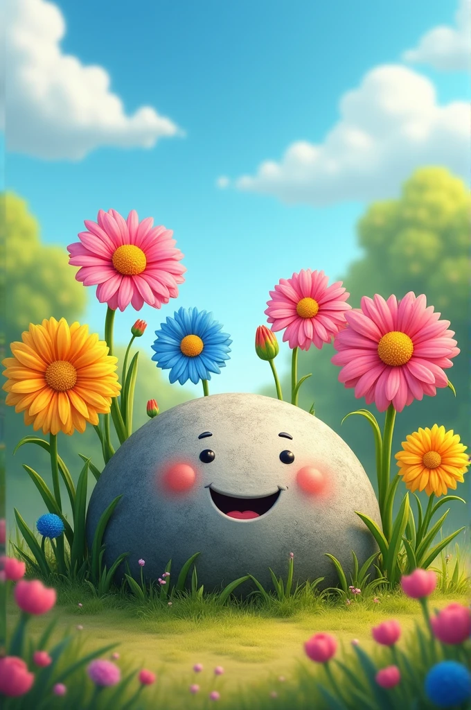 "Smiling stone and flowers are friends"
