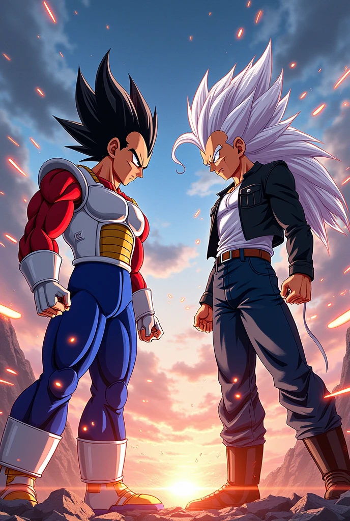 Vegeta's hair is spiked up into a point.. He wore a dark blue suit and over it the typical armor worn by Saiyans. Fighting a man with long straight white hair,Red eyes,camiseta blaca,knee-length black jacket,dark blue jeans by Jin,black boots and white monkey tail(anime style)