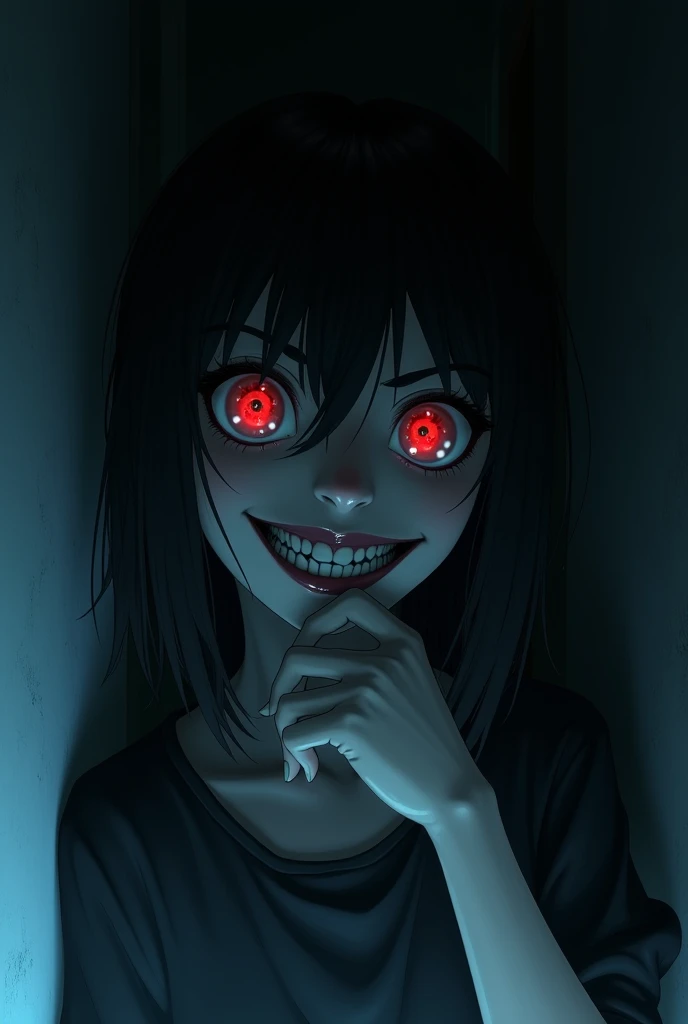 STRANGELY BEAUTIFUL GIRL, TAKING HER HAND TO HER CHIN WITH A MALICIOUS SMILE, BABANDO SALIVA, DIABOLICAL LAUGHTER, DEEP SINISTER EYES, dark surroundings, face ilumined, empty eyes, evil smile, saliva, facepalm, anime style, anime style, backlighting, blurry, Ultra-Wide Angle, from below, 1080P, masterpiece