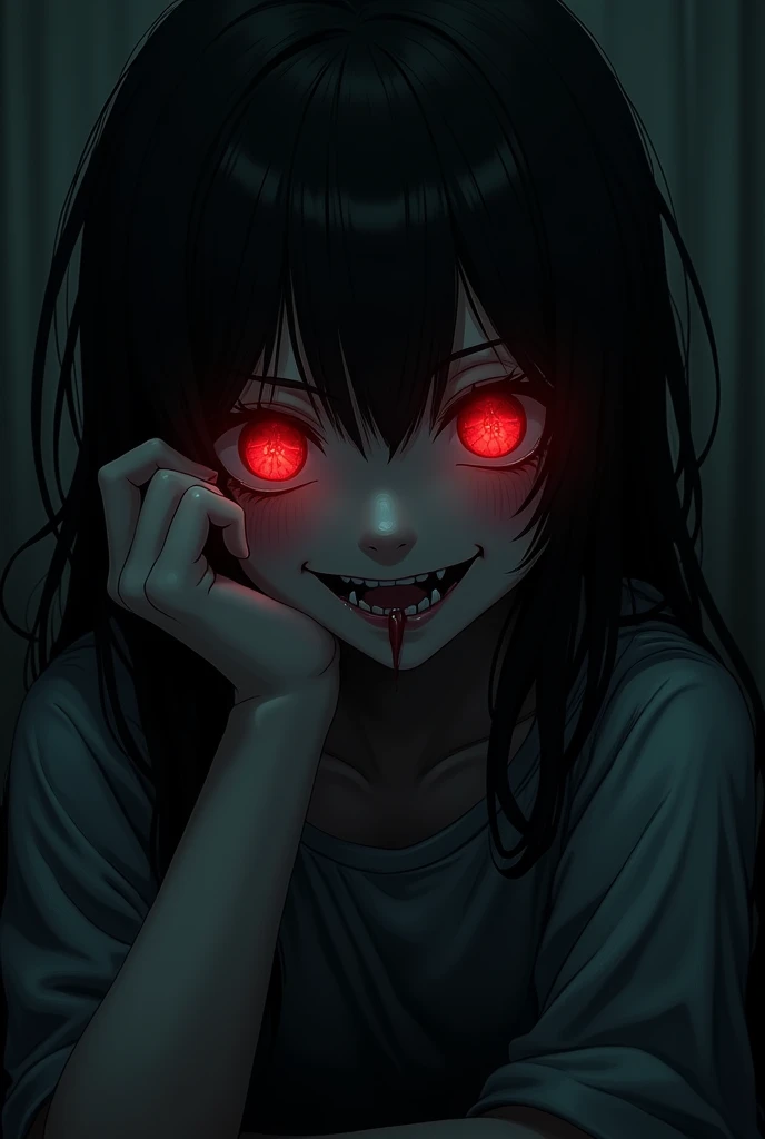 STRANGELY BEAUTIFUL GIRL, TAKING HER HAND TO HER CHIN WITH A MALICIOUS SMILE, BABANDO SALIVA, DIABOLICAL LAUGHTER, DEEP SINISTER EYES, dark surroundings, face ilumined, empty eyes, evil smile, saliva, facepalm, anime style, anime style, backlighting, blurry, Ultra-Wide Angle, from below, 1080P, masterpiece