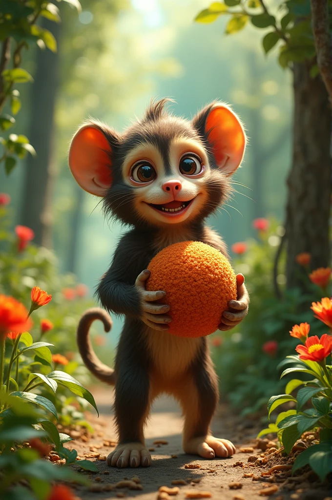 A dog with a monkey head holding a furry ball with maggots