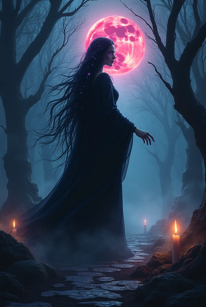 Make a witch woman from the domain of eclipse and death, she possesses divine powers
