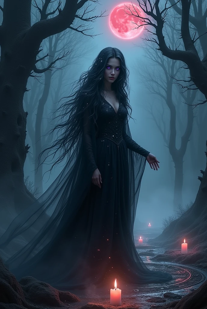 Make a witch woman from the domain of eclipse and death, she possesses divine powers 
