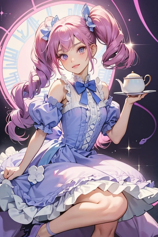 Tippy Teapot has light tanned skin with lilac eyes and hot pink lips. Her magenta hair is worn in short, tightly curled drill twin-tails and her short, choppy forelocks frame her face with straight cut bangs. On her head is a lilac teapot on a plate or doily, along with a powder blue bow. She wears a dark purple dress with lilac bottom and a powder blue apron with white frills lining the shoulder, along with lilac shoes that have a teapot design on the corner of the toe. SPARKLE; GLITTER