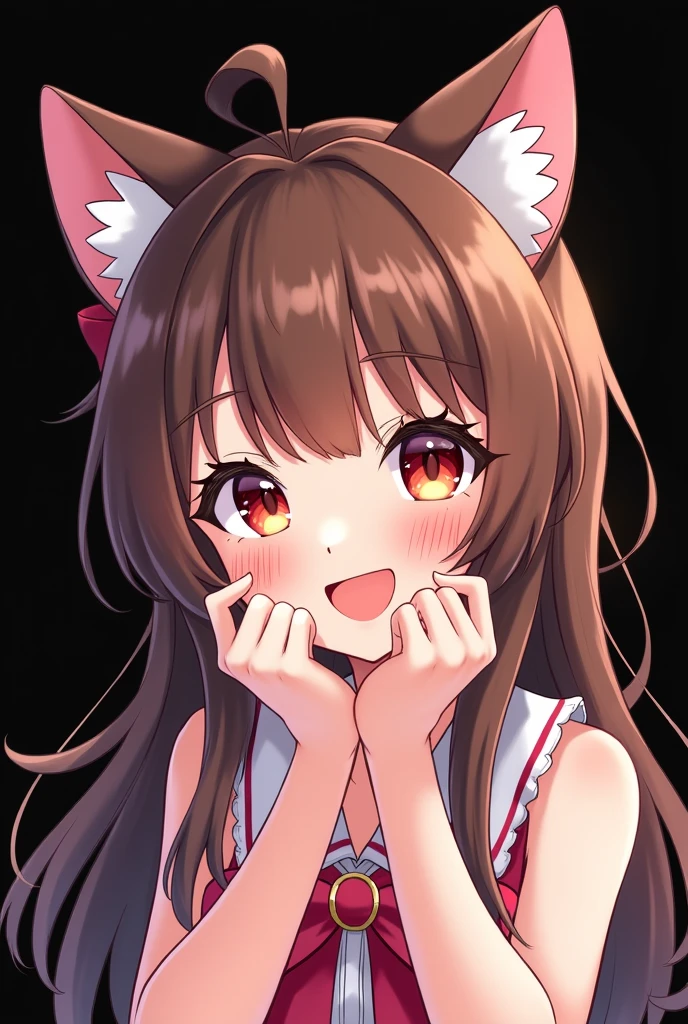 ear blush, by rubio, by the wide, swept bangs, Non-matching pupils, Sanpaku, cat ears, smile, animated style, tachi-e, High Definition, Black background