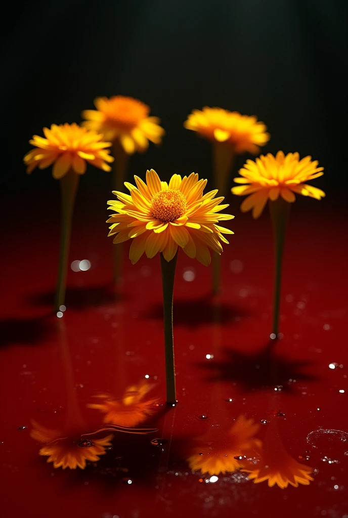 Seven yellow marigolds of Durango, only flowers at a distance from each other on the surface of a pool of blood.