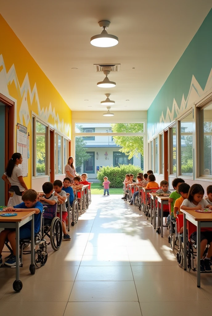 School with access ramps in the corridors for wheelchair users 