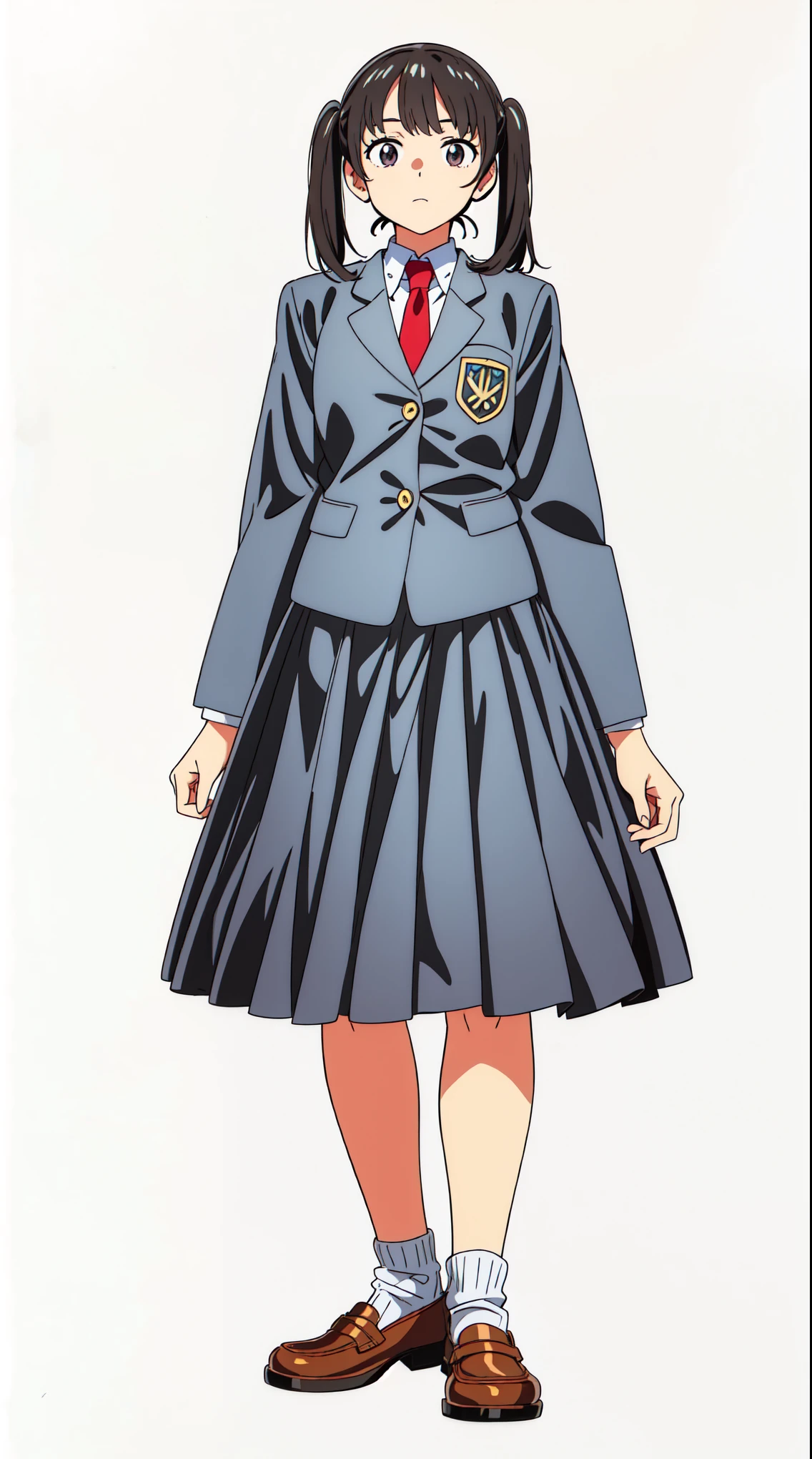 (white background:1.0), (best quality:1.0), (masterpiece:1.0), (super fine illustration:1.0), (beautiful artwork:1.0), (anime screencap:1.0), (official art:1.0), (full body:1.0), (solo:1.0), (a 17yo cute girl:1.0), (long skirt:1.0), (dark blue skirt:1.0), (pleated skirt:1.0), (school uniform dark blue blazer:1.0), (red necktie:1.0), (loafers:1.0), (white socks:1.0), (ideal ratio body proportions:1.0), (lanky:1.0), (tall:1.0), (slender:1.0), (small breasts:1.0), (smaller face:1.0), (detailed beautiful eyes:1.0), (detailed beautiful face:1.0), (glowing black eyes:1.0), (short hair:1.0), (twin tails:1.0), (swept bangs:1.0), (black hair:1.0), (standing:1.0), (looking at viewer:1.0)