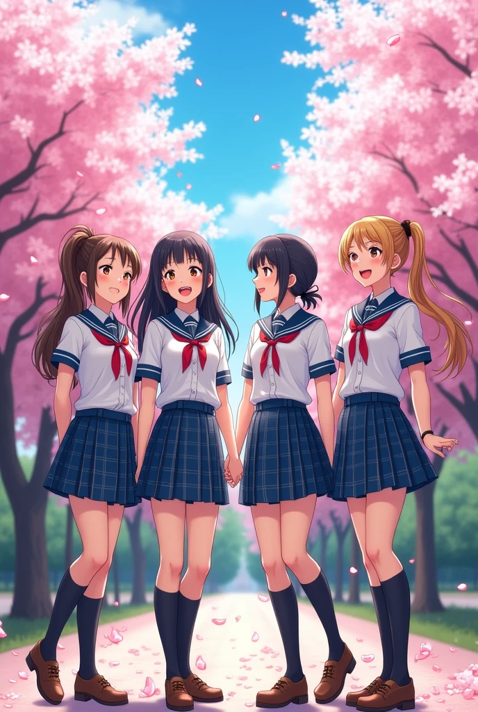 Three girls and a boy wearing anime school uniforms