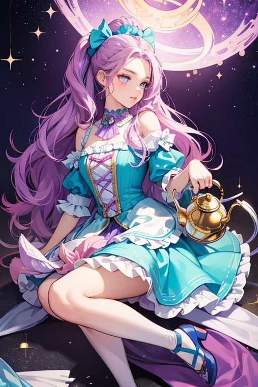 This version of Tippy has lighter skin and wears pale pink blush and lilac eye-shadow. Her lips and hair are magenta and her hair is worn in the same style as the original, but with her forelocks changed to match her tails, and she has purple streaks through her hair. Her dark purple teapot sits on a dark purple headband with white plate or doily and gold detailing. The bow is lilac with cyan in the middle. She wears a purple dress with lilac frills on the shoulders to accent the cloth tied around her neck, held by a pink clasp beneath her cyan collar. Her skirt has a purple and blue pattern on it and is trim with lilac scallops and ruffles. She also wears frilly cyan gloves and cyan shoes with a gold teapot on the corner of the toe and a brown liquid like design flowing from it, along with white tights. SPARKLE; GLITTER