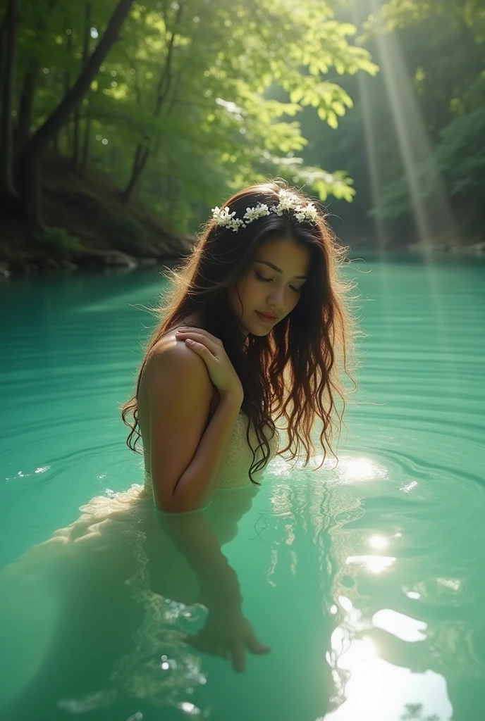A woman, with dark hair and white flowers in her hair, in a lake with green hues and the strong sunlight between the trees from behind illuminating with flashes of light from behind the dark green forest, bent down hugging her body inside the lake to the chest, holding her right arm with her left arm, with sunlight in her hair