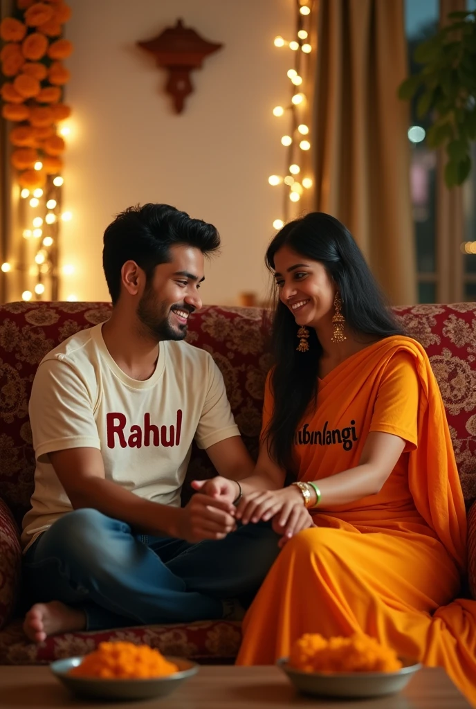 A,19-year-old boy named Rahul, wearing a t-shirt with his name 'Rahul' printed on it, is sitting with a warm smile. His 23-year-old sister, Shubhangi, who is wearing a t-shirt with her name 'Shubhangi' printed, is tying a rakhi on his wrist. They are sitting together in a cozy, traditional Indian living room decorated for Raksha Bandhan. The scene is full of warmth and love, capturing the essence of the Raksha Bandhan festival."