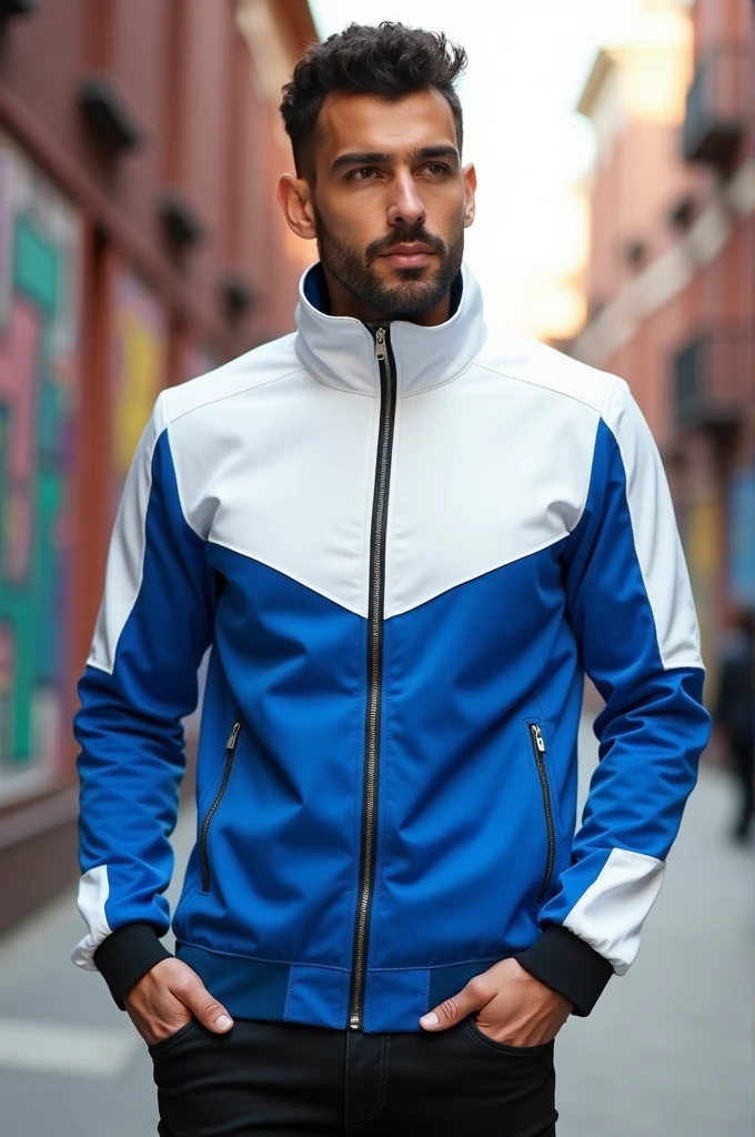 Create a mock neck zip puller man's jacket, base white , side panels blue and down panel, zip binding, sleeve white, sleeve cuff 2 inch black wearing by a man